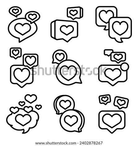 Couple love conversation. Coloring Page. Speech bubbles with heart for romantic Valentine Day chat. Like notification. Hand drawn style. Vector drawing. Collection of design elements.