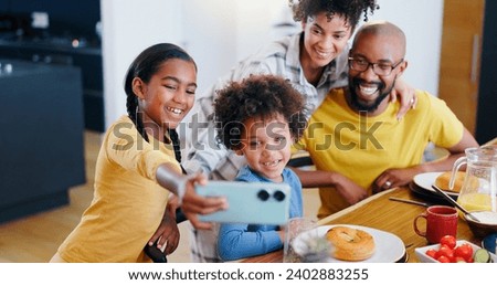 Selfie, food and a black family eating in the kitchen of their home together for health, diet or nutrition. Breakfast, photograph or memory with a mother, father and children together in an apartment