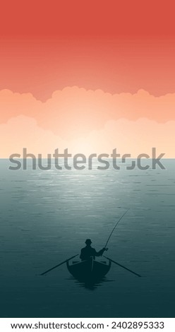 Fisherman on the lake in the morning sun. Vector illustration. Sketch for creativity.