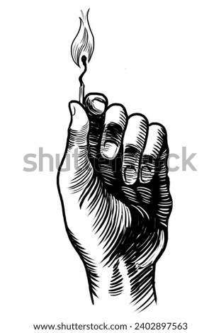 Hand with burning match. Hand-drawn vintage style black and white illustration