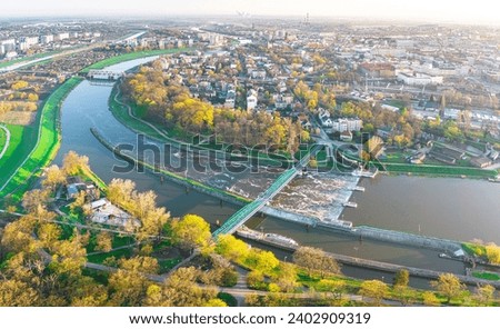 the Odra river in Opole and the city of Opole, aerial view