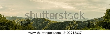 Panorama view of forest hills in smoky mountains national park in cloudy weather, north carolina, usa Royalty-Free Stock Photo #2402916637