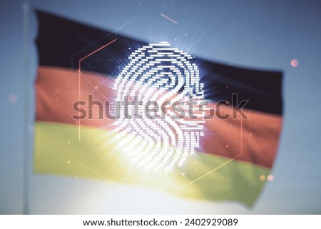 Double exposure of virtual creative fingerprint hologram on German flag and blue sky background, research and development concept