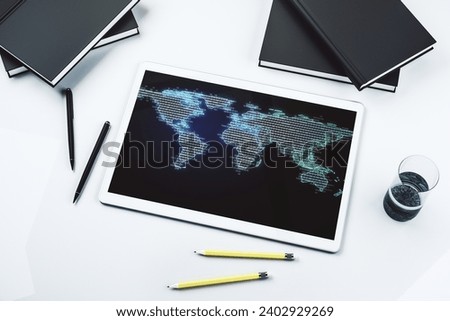 Abstract graphic world map on modern digital tablet screen, connection and communication concept. Top view. 3D Rendering