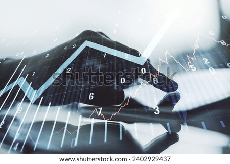 Abstract creative financial graph with upward arrow and finger clicks on a digital tablet on background, financial and trading concept. Multiexposure