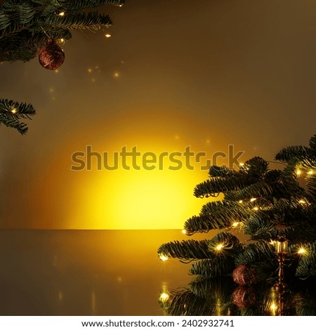 Beautiful New Year background of Christmas tree branches decorated with warm yellow lights, sparkly ornaments and vintage copper flashlight