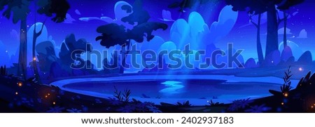 Night forest lake with moonlight reflection. Vector cartoon illustration of trees and flowers in dark valley, fairytale fireflies glowing in darkness, clouds in starry midnight sky, beautiful scenery Royalty-Free Stock Photo #2402937183