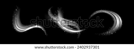 White light waved and circular neon elements with swoosh effect and round snowflakes or sparkles. Realistic vector illustration set of magic glowing swirl circle lines with flying particles.
