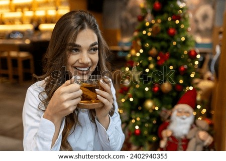 Happy woman, relax in cafe with smile and drinking tea thinking about the future. Remote work employee in coffee shop, latte drink and inspiration for creative project idea
