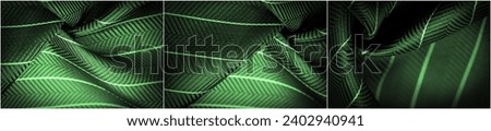 Saturated dark green fabric with a delicate white stripe. The design uses textured patterns and composite textiles. Emphasized natural elements in the overall composition.