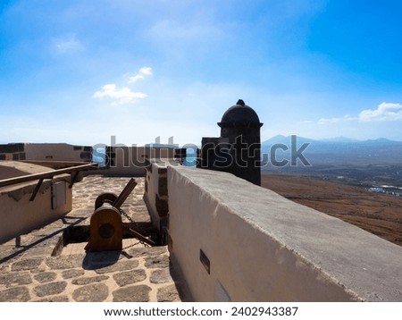 Detail view. The castle of Santa Barbara on the volcanic hilltop of Guanapay mountain.Teguise, Lanzarote, Spain.