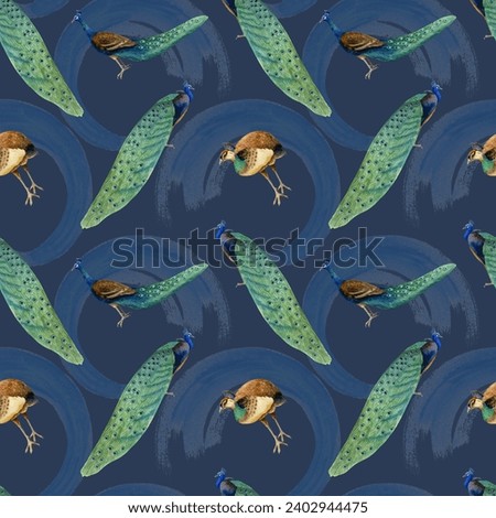 Peacocks and peahens birds with paint strokes seamless pattern on dark navy blue background in vintage tropical style for fabrics, textiles and bed linen