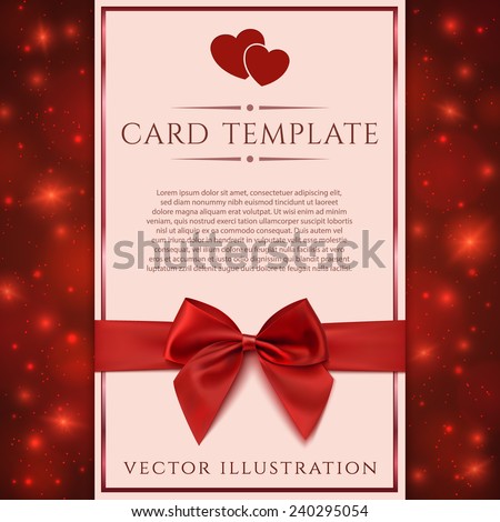 Greeting card template with red bow, ribbon and two hearts. Invitation. Vector illustration