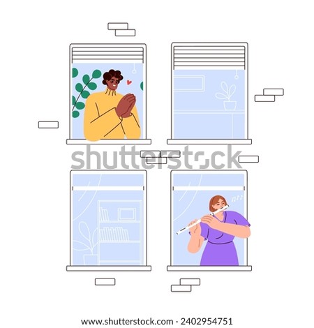 Happy neighbors, good neighborhood concept. Neighbourhood relationship in condominium house. Musician playing music, neighbour supporting. Flat vector illustration isolated on white background Royalty-Free Stock Photo #2402954751