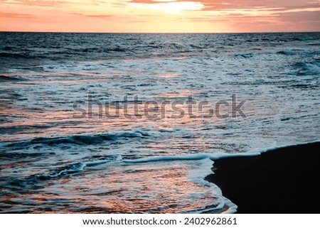Calm water Mediterranean sea landscape photo. Peaceful time in Barcelona. Beautiful nature scenery photography with evening on background. High quality picture for wallpaper, travel blog