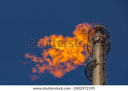 Flare of a coking plant with blue sky Royalty-Free Stock Photo #2402972195