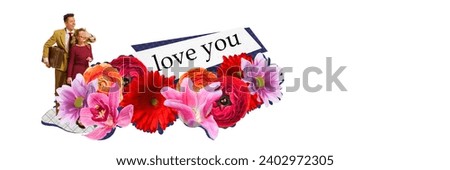 Contemporary art collage. Romantic young man make big surprise for his beloved with flowers and inscriptions. Concept of relationship, Valentine's Day, love, feelings. Trendy magazine style. Banner.