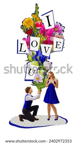 contemporary art collage. Lovely man get bunch of flowers for his sweetheart girlfriend and told I love you. Concept of relationship, Valentine's Day, love, freedom, feelings. Trendy magazine style.