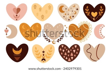 Boho heart clipart. Valentines day clip art. Valentine hearts in cartoon flat style. Bohemian love vector illustration