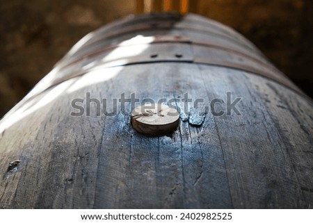 Close-up of a bung in a whisky cask. The bung closes the bung hole in the barrel to seal it. Royalty-Free Stock Photo #2402982525