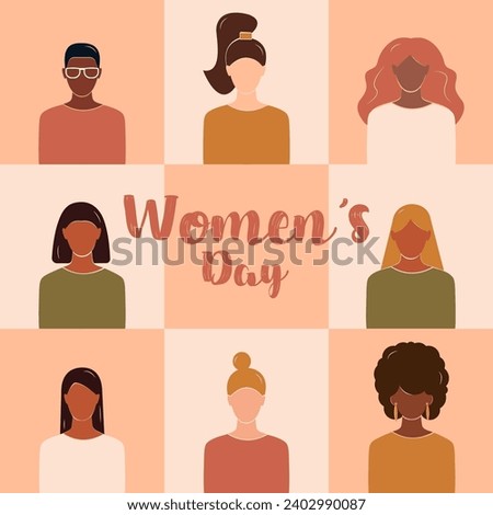 8 March. Banner International Women's Day in bauhaus style. Women of different ethnicities together. Girl power. Happy women's day faceless vector illustration for card, poster, social media. EPS 10 Royalty-Free Stock Photo #2402990087