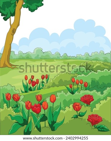 Vector illustration showing beautiful flowers and tree