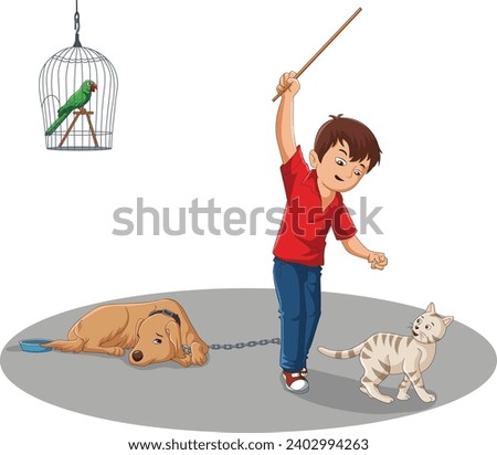 Vector illustration showing a parrot in cage, a chained dog and a boy hitting a cat Royalty-Free Stock Photo #2402994263