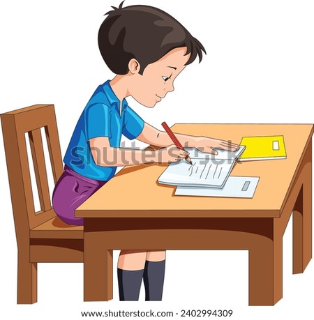 A boy doing his homework while sitting on the table vector illustration