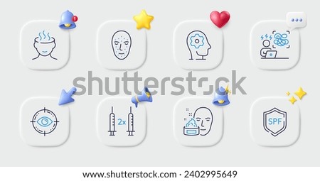 Stress, Spf protection and Brain working line icons. Buttons with 3d bell, chat speech, cursor. Pack of Face cream, Difficult stress, Face biometrics icon. Vector