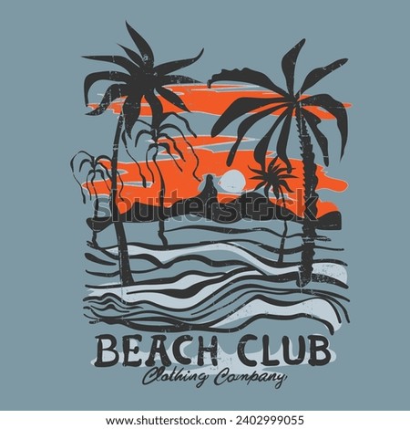tropical summer palm tree, sunset, mountain, wave line is artistic beach view Hand drawn illustration, summer print design for t-shirt, sweatshirt vintage retro artwork for - vector
