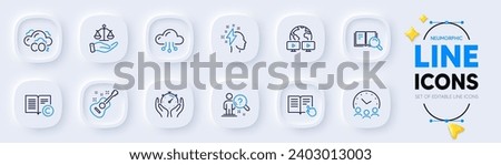 Read instruction, Search employee and Cloud computing line icons for web app. Pack of Brainstorming, Guitar, Meeting time pictogram icons. Justice scales, Timer, Search book signs. Vector