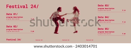 Invitation to dance festival. Young people, man and woman dancing over light background with information text. Contemporary art. Concept of retro style, dancing activity, entertainment, party. Poster Royalty-Free Stock Photo #2403014701
