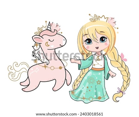 Cute little girl princess in anime style and unicorn on a white isolated background. Vector cartoon illustration for t-shirt
