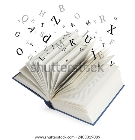Open book in air with letters flying out of it on white background