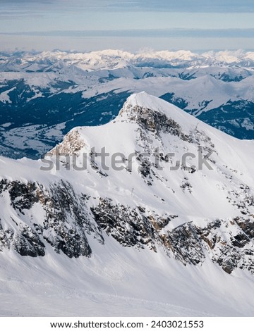 Panoramic view from the Kitzsteinhorn, a snowy mountain, gletsjer and ski area near Kaprun in Salzburg, Austria