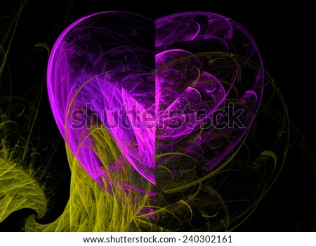 Abstract fractal heart background in glowing pink and yellow