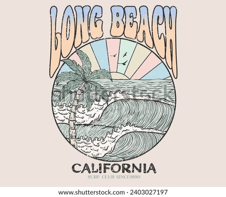 Beach wave t-shirt prints and other uses. California long beach print. Summer vintage graphic print design. Beach vibes print design. Hand sketch beach vector design. Big wave artwork. 