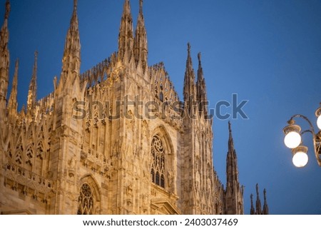 Duomo square in december, night view. Christmas holiday tree near the Duomo in Milan. Piazza del Duomo. . High quality photo Royalty-Free Stock Photo #2403037469