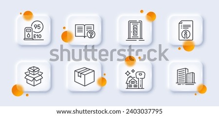 Technical info, Buying house and Door line icons pack. 3d glass buttons with blurred circles. Packing boxes, Buildings, Petrol station web icon. Help, Parcel pictogram. For web app, printing. Vector