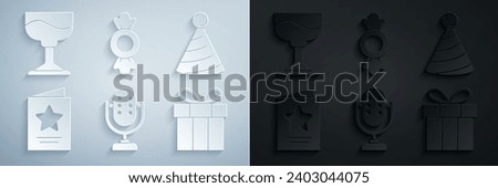 Set Microphone, Party hat, Greeting card, Gift box, Candy and Cocktail icon. Vector
