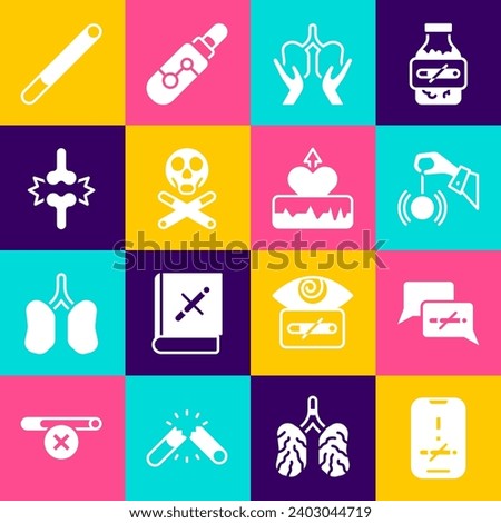 Set No smoking, Hypnosis, Lungs, Bones and skull, Joint pain, knee pain, Cigarette and Heartbeat increase icon. Vector