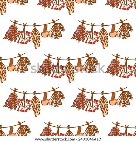 Seamless pattern. Bunches of herbs dried on rope with mushroom. Herbalism, folk medicine and tradition, naturopathy. Colorful vector doodle illustration hand drawn. Print for fabric or paper Royalty-Free Stock Photo #2403046419