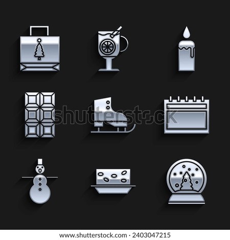 Set Figure skates, Nougat with nuts, Christmas snow globe, Calendar, snowman, Chocolate bar, Burning candle in candlestick and paper shopping bag icon. Vector