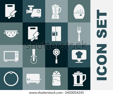 Set Electric kettle, Chef hat with location, Fork, Blender, Cutting board and meat chopper, Kitchen colander, knife and Refrigerator icon. Vector