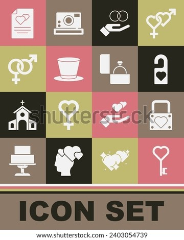 Set Key in heart shape, Lock and, Please do not disturb, Wedding rings, Cylinder hat, Gender, Greeting card and Diamond engagement icon. Vector