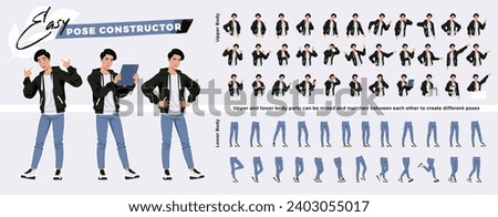 Asian guy, korean man, hoodie, jeans character easy pose constructor. Fashion industry male idol, good-looking K-pop model drag drop set, body match figure building. Vector cartoon construction kit Royalty-Free Stock Photo #2403055017