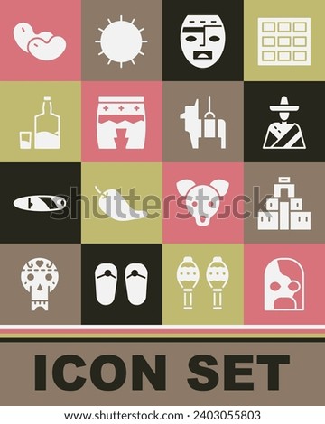 Set Mexican wrestler, Chichen Itza in Mayan, man sombrero, Aztec mask, Huehuetl, Tequila bottle and glass, Beans and Pinata icon. Vector