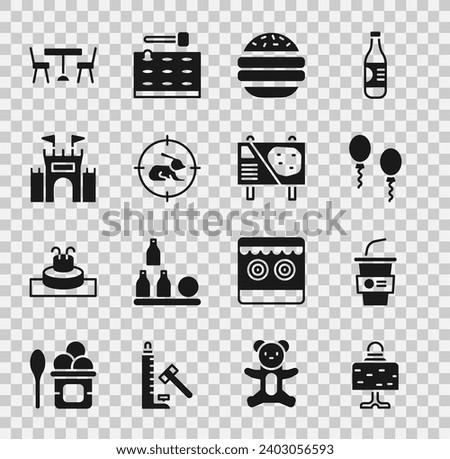 Set Magic ball on table, Paper glass with water, Balloons, Burger, Hunt rabbit crosshairs, Castle, Picnic chairs and Amusement park billboard icon. Vector Royalty-Free Stock Photo #2403056593