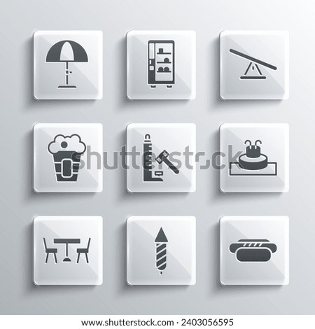 Set Firework rocket, Hotdog, Fountain, Striker attraction with hammer, Picnic table chairs, Popcorn box, Sun protective umbrella and Seesaw icon. Vector Royalty-Free Stock Photo #2403056595