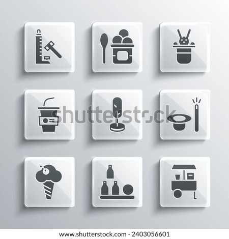 Set Bottles ball, Fast street food cart, Magic hat and wand, Tree, Ice cream in waffle cone, Paper glass with water, Striker attraction hammer and Magician rabbit icon. Vector Royalty-Free Stock Photo #2403056601